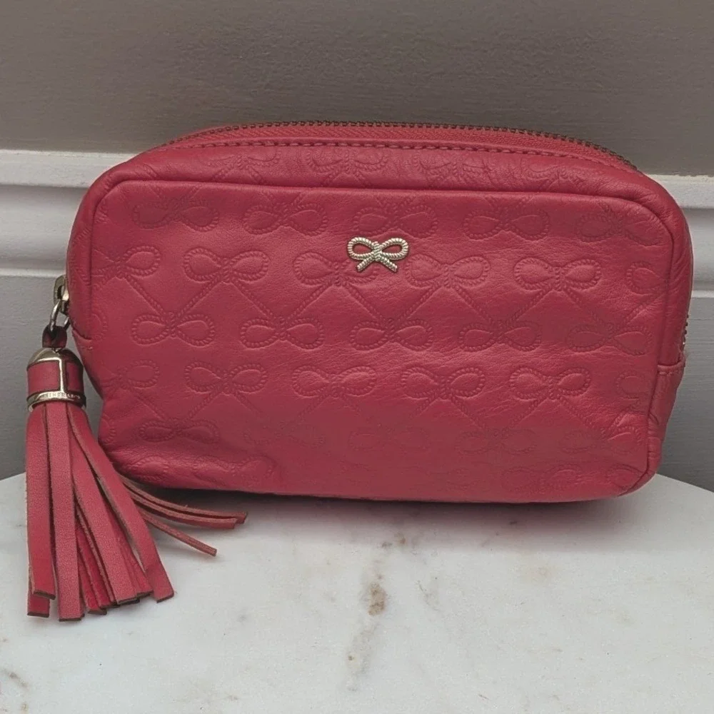 Anya Hindmarch Pink Embossed Bow Leather Cosmetic Makeup Bag Tassel Pouch Clutch - Picture 2 of 6